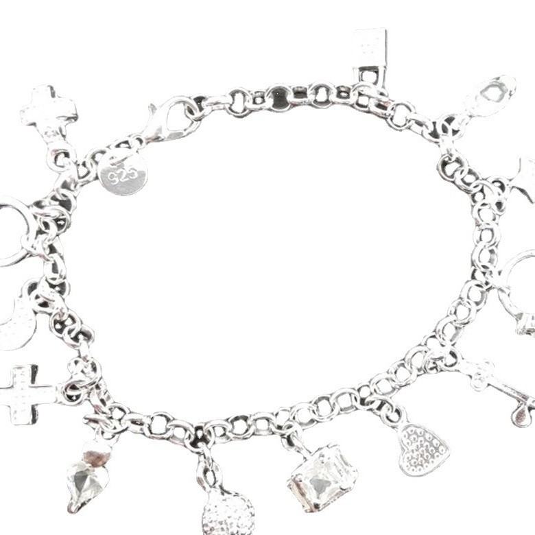 Y2K Multi Mixed Charms Chain Bracelet For Women, Silver Tone Clear Tone Simulated Zirconia Cross Moon Star Heart Key Lock Dangle Hand Jewelry Daily Casual Accessories