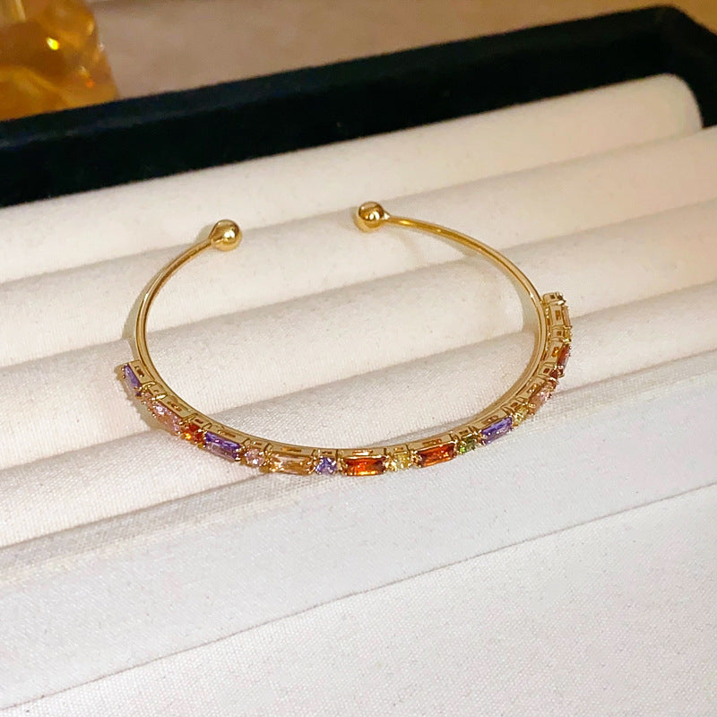 French Elegant Rhinestone Zircon Inlaid Bangle, Retro Court Style Bracelet, Light Luxury High-End Versatile Fashion Women Hand Jewelry