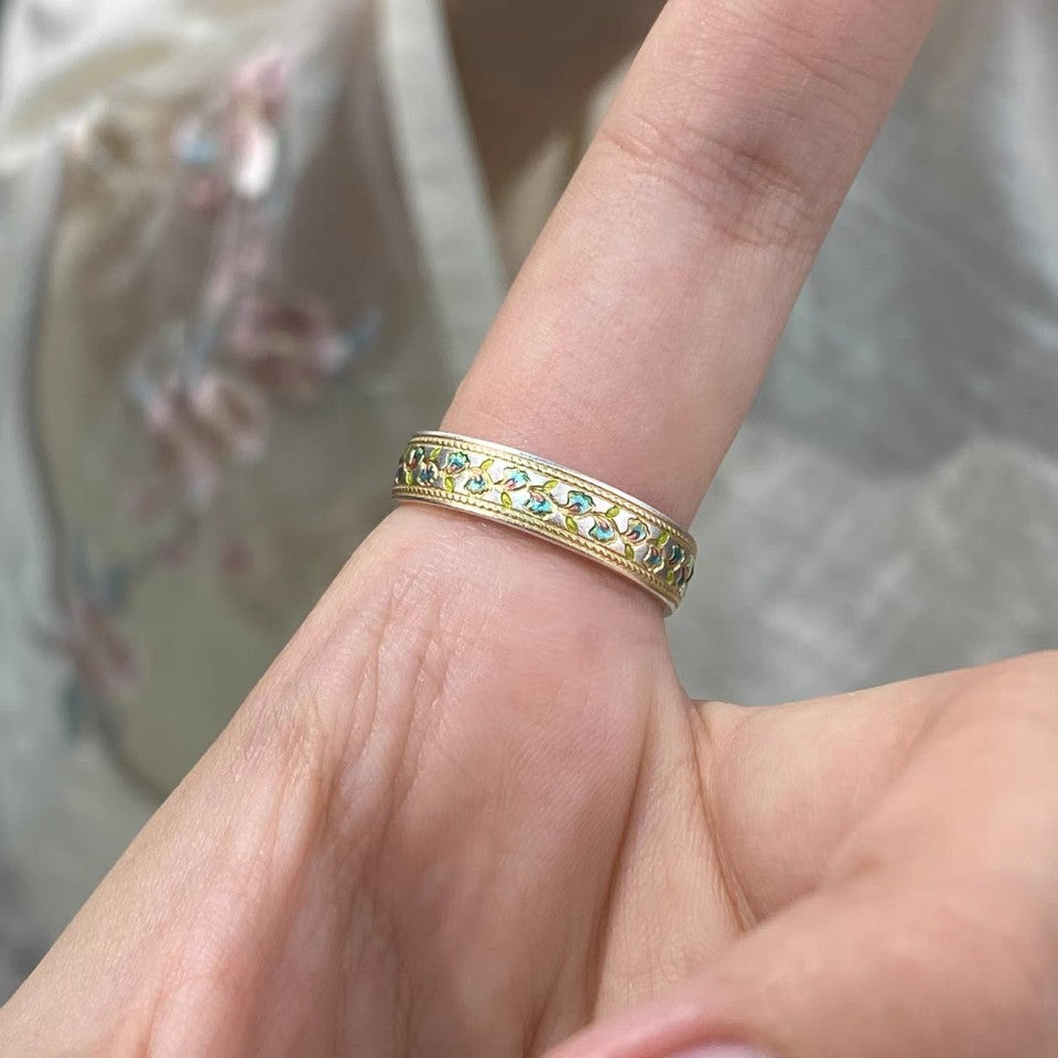 1pc 999 Sterling Silver Enamel Lily Of The Valley Open Ring, Retro Chinese Style, Perfect For Daily Wear & Valentine's Day Gift