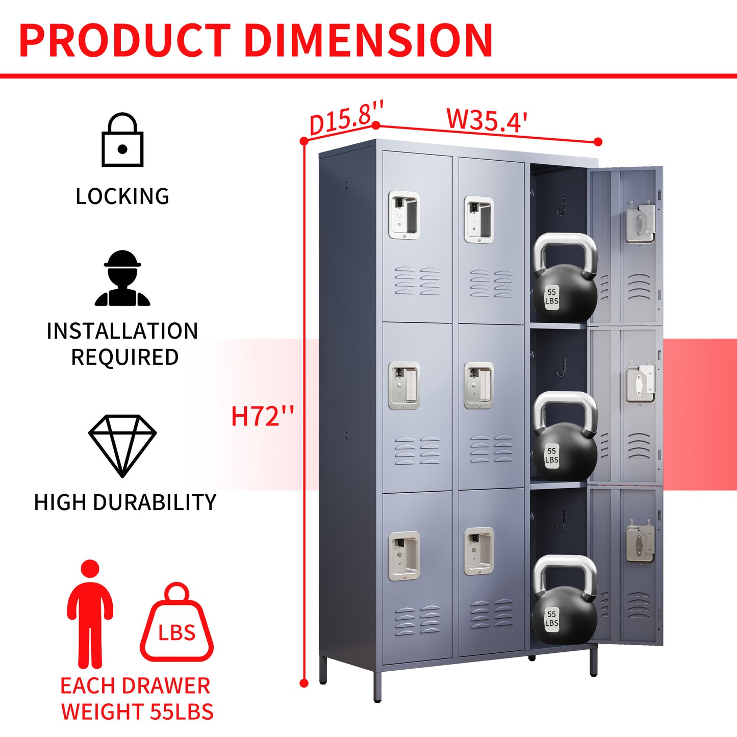 9 Door 72 H Metal Lockers With Lock For Employees,School,Office,Gym,Bedroom,Storage Locker Cabinet,Gray,Assembly Required