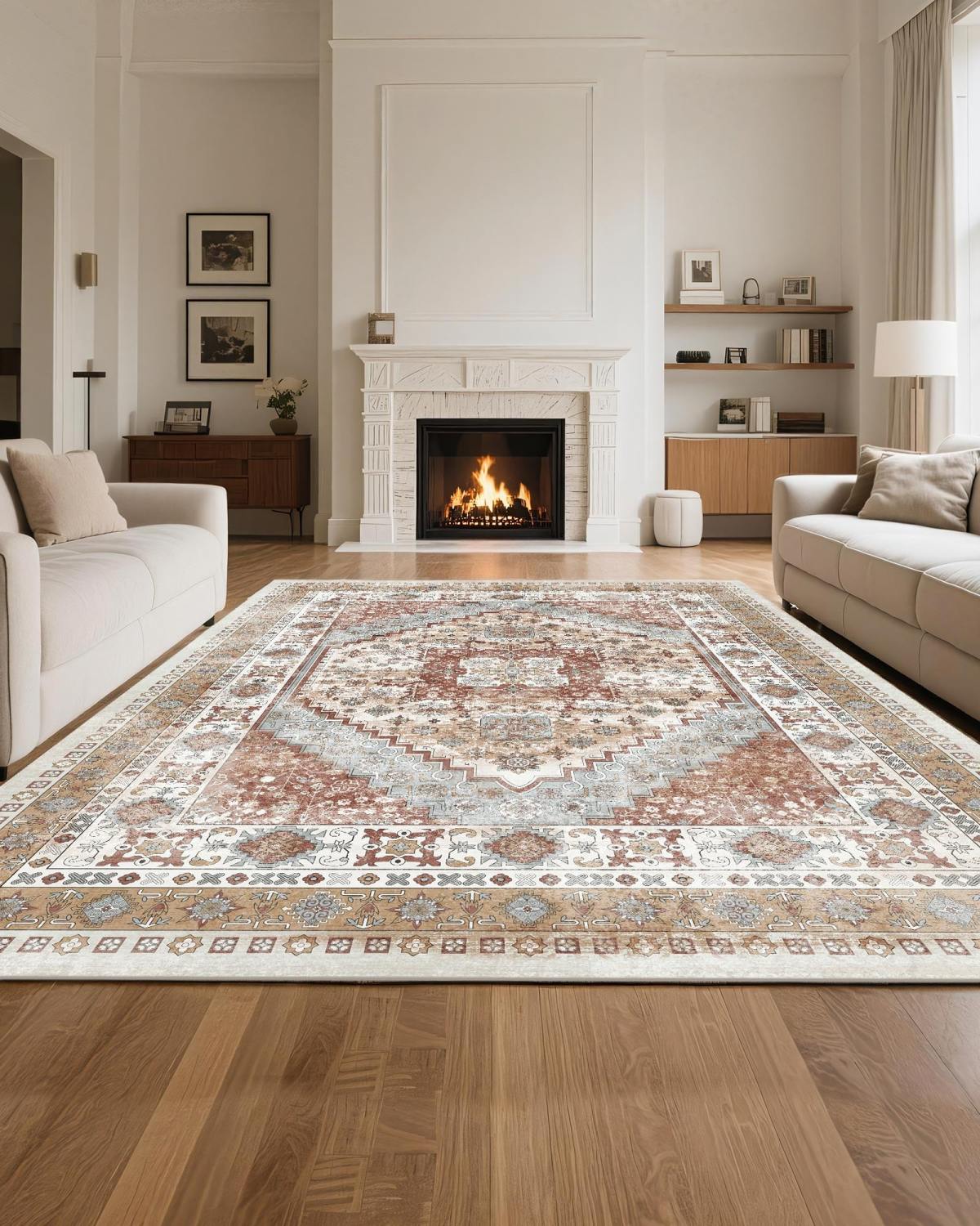 Area Rug, 8 X 10 Ft Large Washable Rug, Non-Slip And Tear-Resistant Soft Carpet, Pet Friendly Vintage Area Rugs, Indoor Mat For Bedroom, Living Room, Office, Brown Red