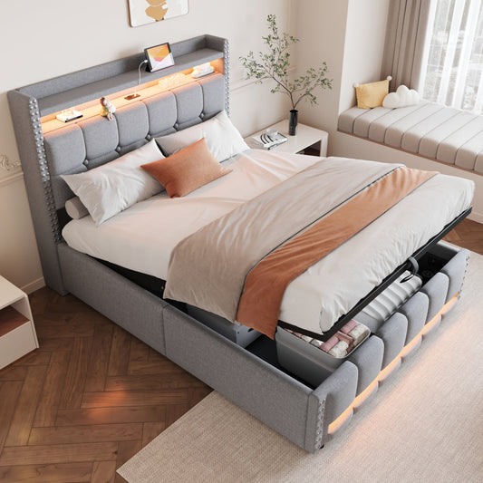 Upholstered Bed 140x200cm With LED Lighting And USB Socket, Headboard With Shelves And Storage Space, With Hydraulics For Storage, Adult Bed Double, Linen Fabric Light Grey
