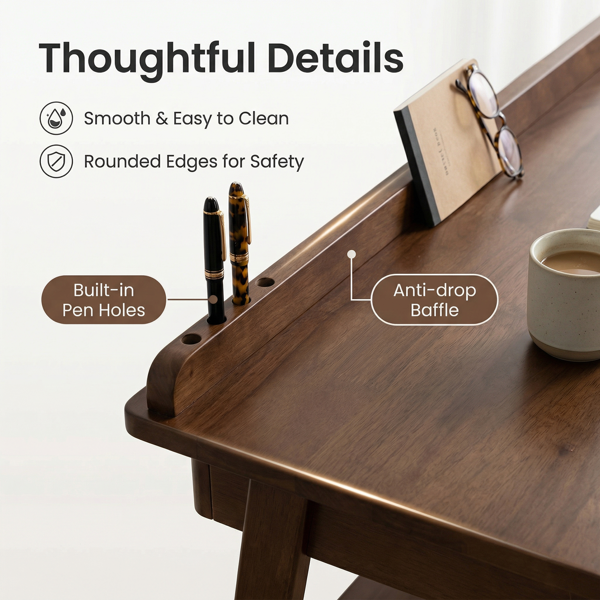 Solid Wood Writing Desk, Home Office Desk For Small Spaces, Mid Century Modern Desks With 2 Drawers & Storage Shelf, Standing Desk With Side Hooks For Study, Bedroom, Office  Walnut