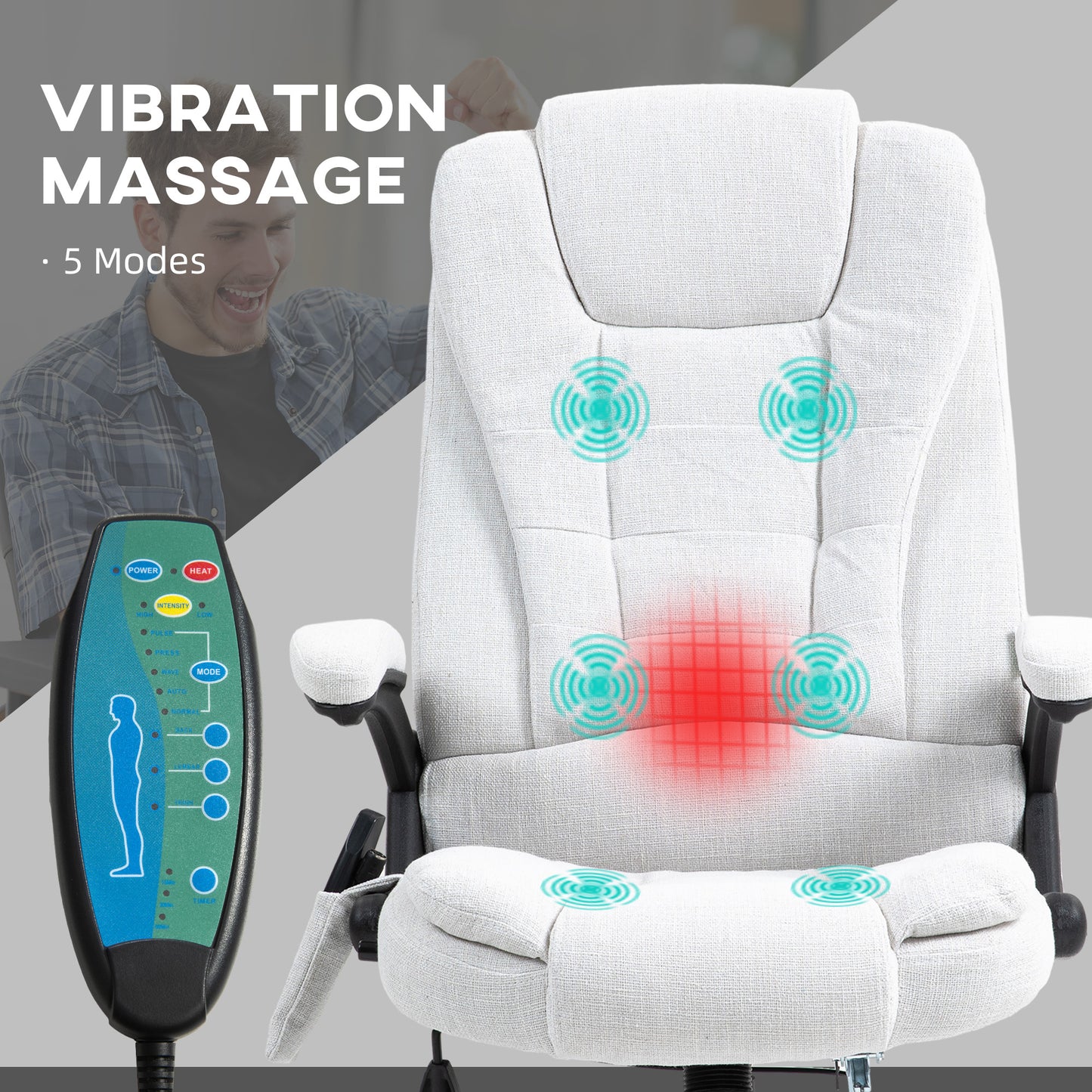 Vinsetto Massage Recliner Chair Heated Office Chair With Six Massage Points Linen-Feel Fabric 360° Swivel Wheels Cream White