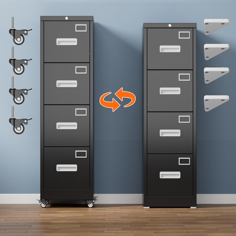 4 Drawer Vertical File Cabinet On Wheels, Lockable Office Files Storage Cabinet With Handle And Name Card,Mobile Storage Cabinet For Office And Home,Assembly Required,Black
