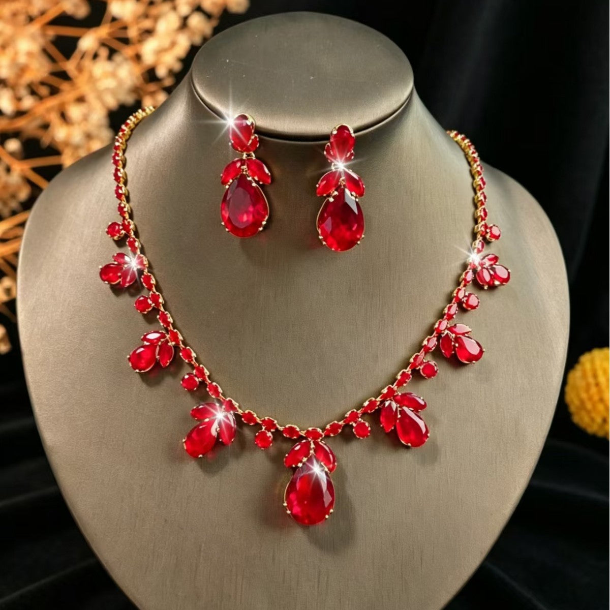 Pink Teardrop Cubic Zirconia Leaf 2Pcs Jewelry Set, Gold Plated Elegant Bridal Necklace & Drop Earrings, Wedding Banquet Formal Accessories For European Spanish Women