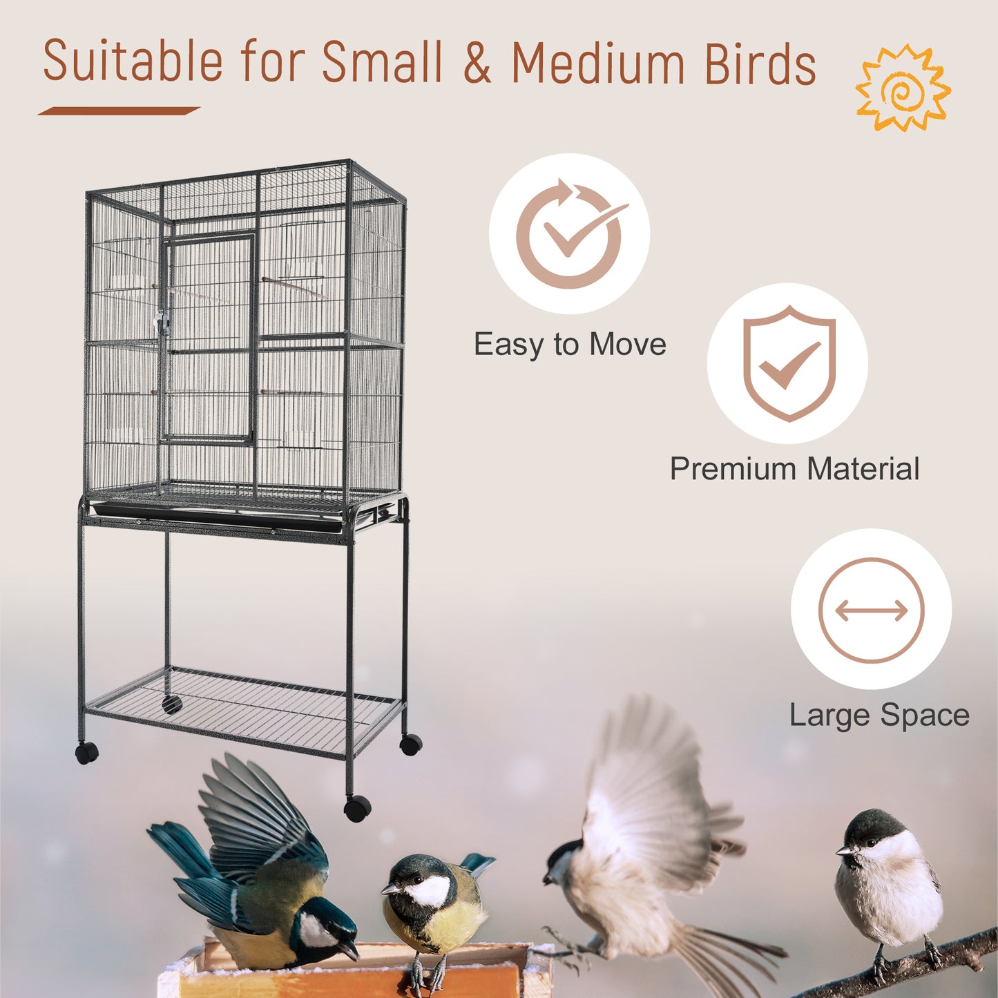 30" Rolling Metal Bird Cage Feeder with Detachable Rolling Stand, Storage Shelf, Wood Perch & Food Container
