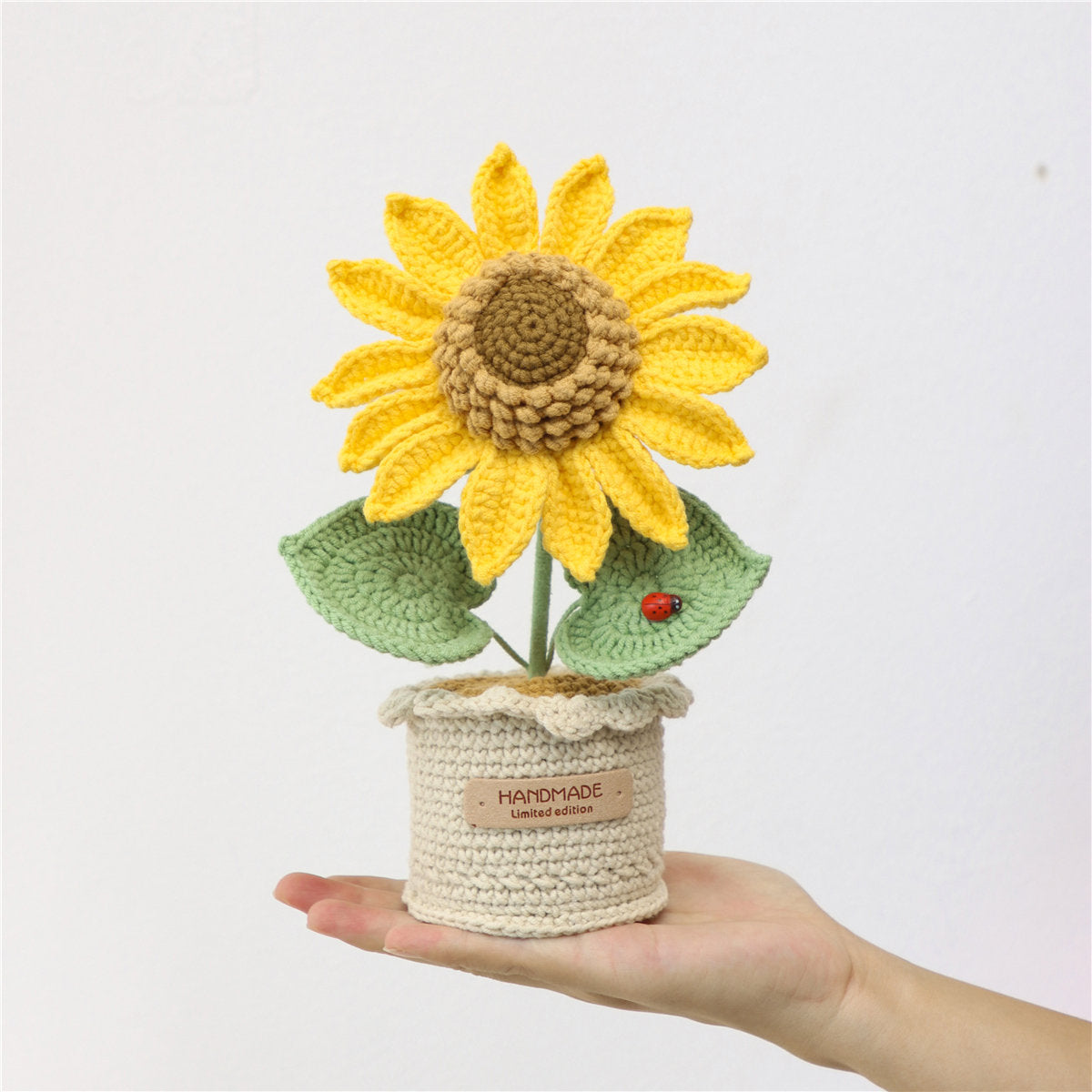Handmade Crochet Flower Bouquet, Sunflower Matched With Green Leaves And Ladybug Ornament, Soft Yarn Everlasting Crochet Potted Floral Decor, Indoor Home Tabletop Decorative Ornament