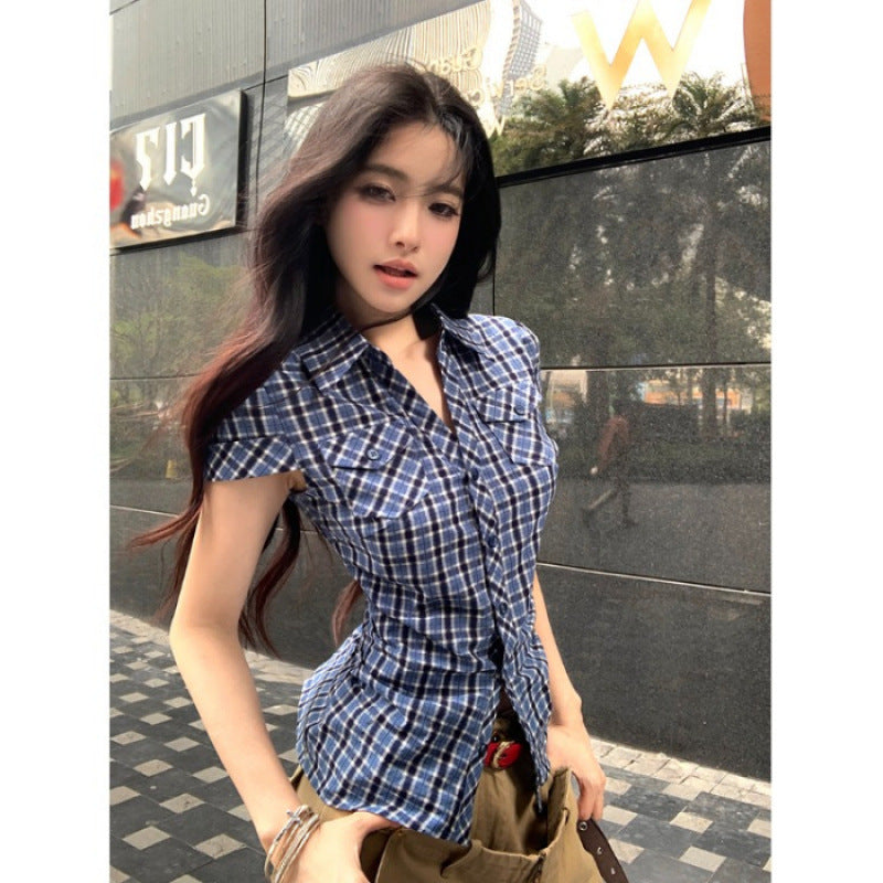Blue Plaid Cinched Waist Short-Sleeve Shirt Womens Summer Korean Style