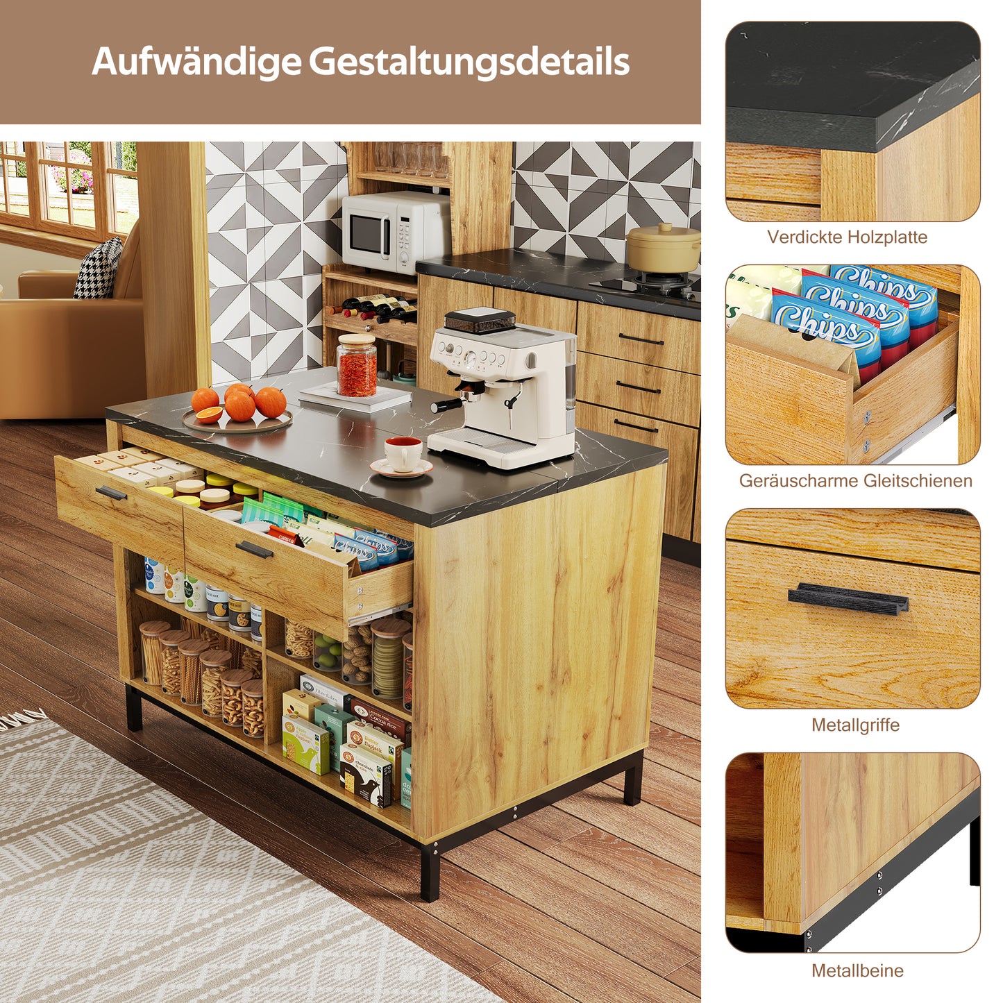 120x75x90cm, Country Style Kitchen Island - Kitchen Island With 2 Drawers And 4 Open Shelves, Oak Grain, Black Marble Worktop, Metal Frame, Back With Bar Area