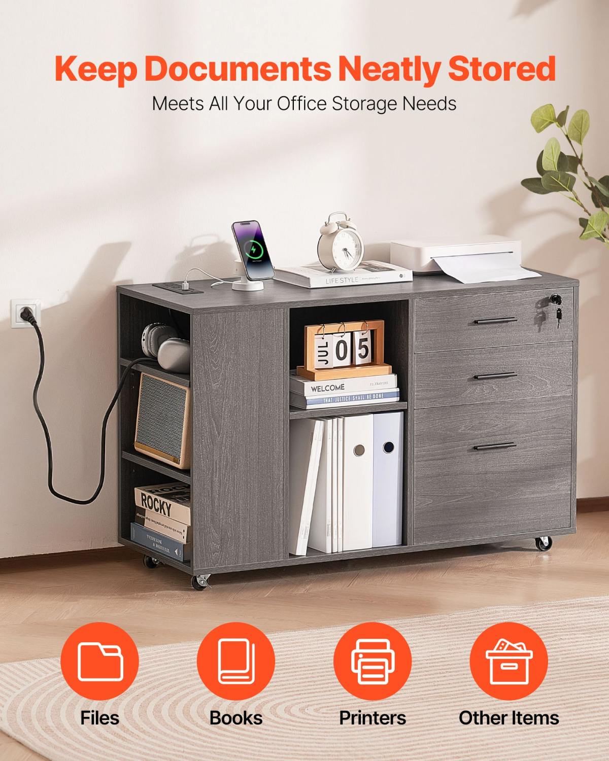 3 Drawer Wooden File Cabinet Mobile Filing Cabinet With Power Strip Gray