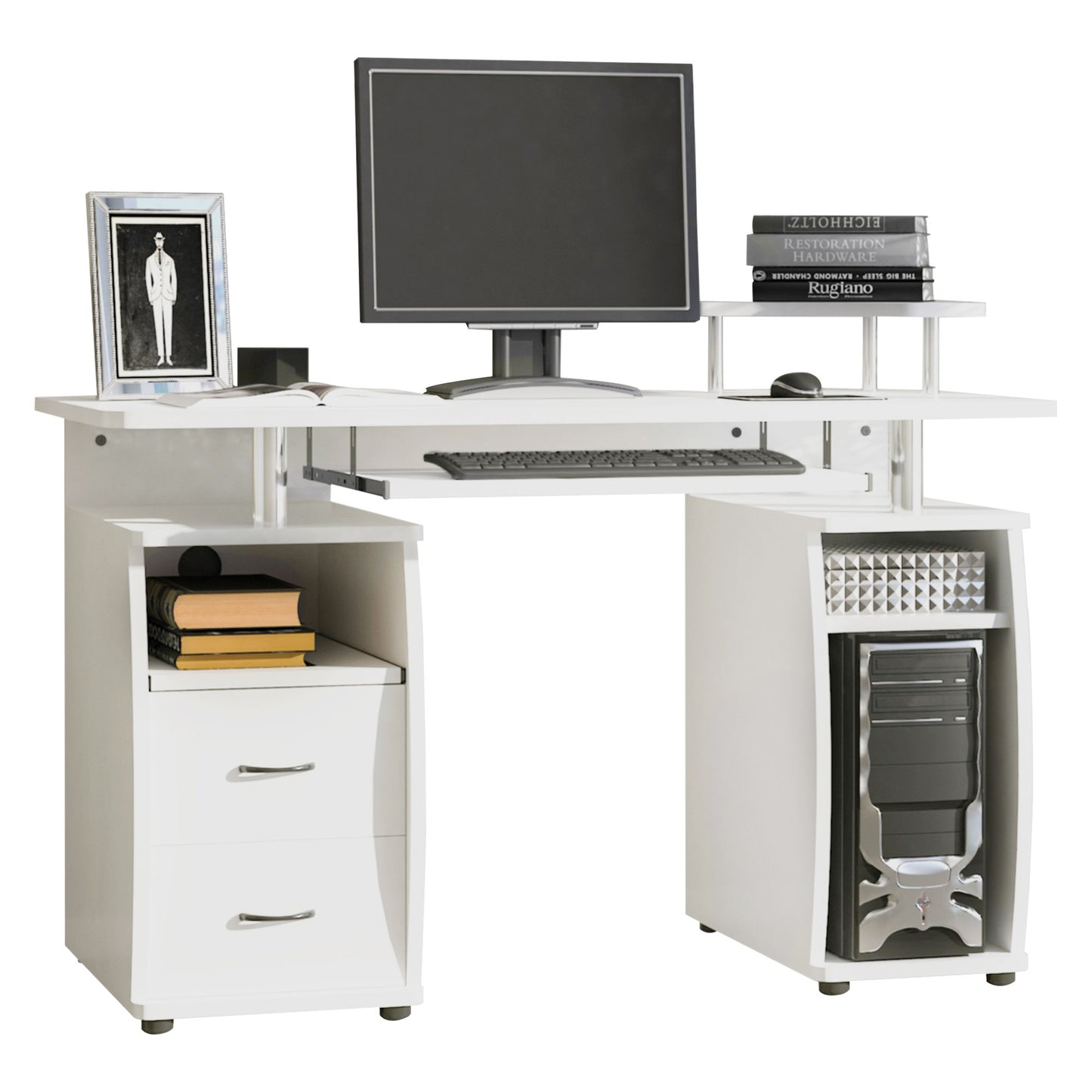 Computer Desk Office PC Table Workstation With Keyboard Tray, CPU Shelf, Drawers, Sliding Scanner Shelf, White