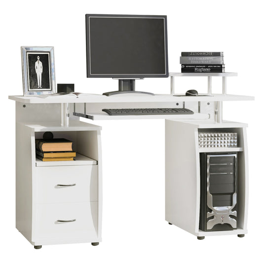 Computer Desk Office PC Table Workstation With Keyboard Tray, CPU Shelf, Drawers, Sliding Scanner Shelf, White