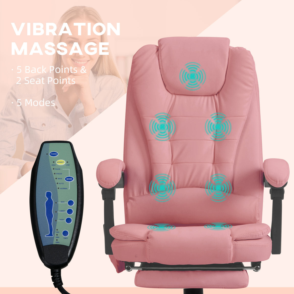 7-Point Vibrating Massage Office Chair High Back Massaging Office Desk Chair With Lumbar Support, Footrest, Pink