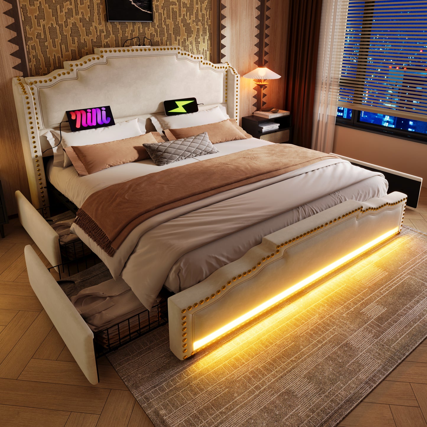 Upholstered Bed 160x200, Double Bed With 4 Drawers, LED Lighting And USB-C Charging Port, Storage Bed And Youth Bed With Slatted Base, Velvet, Beige, Without Mattress