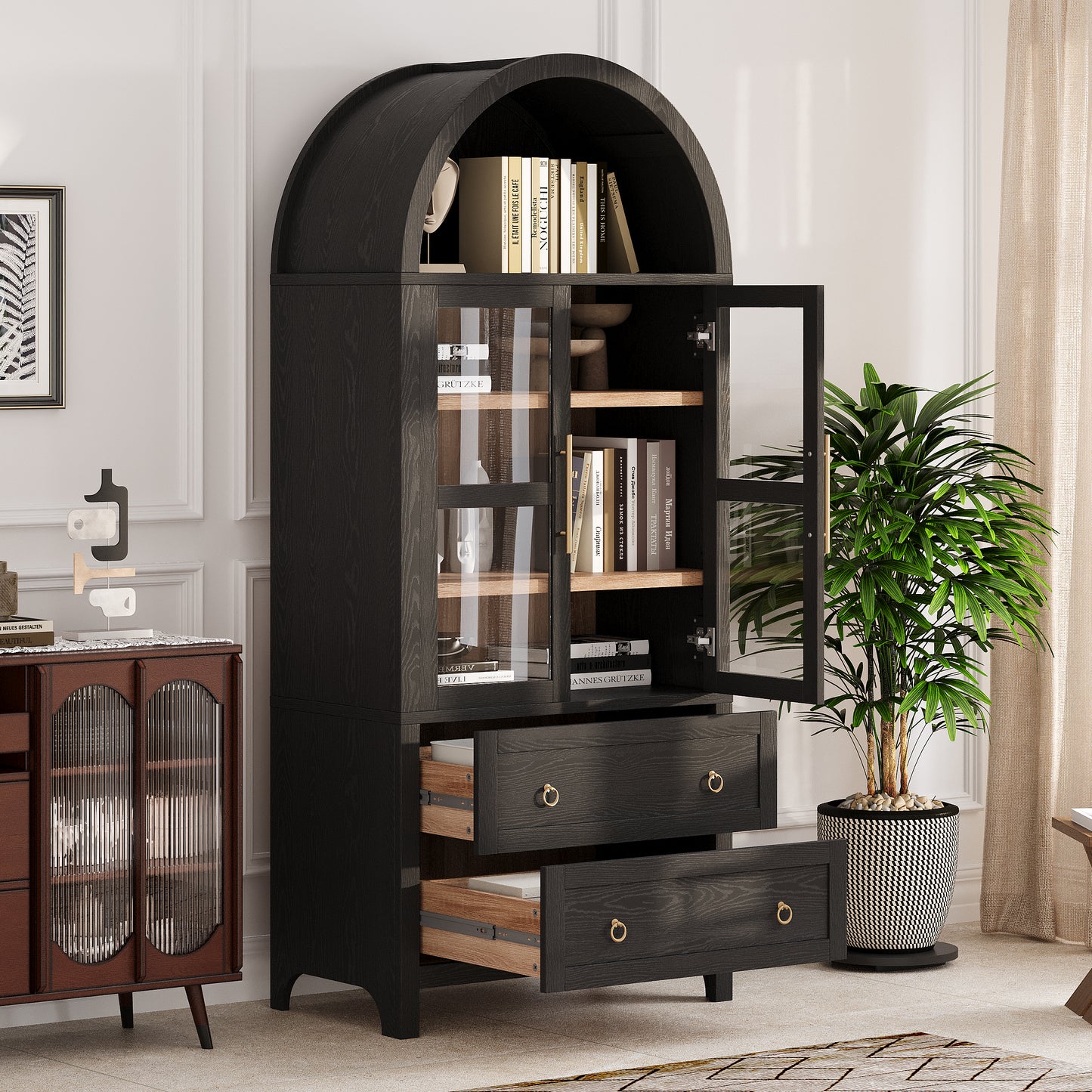 K&K 71  Tall Arched Kitchen Pantry Cabinet With 2 Large Drawers, Modern Farmhouse Kitchen Storage Cabinets With Adjustable Shelves, Glass Door, Wood Versatile Cupboard For Kitchens, Dining Room, Black