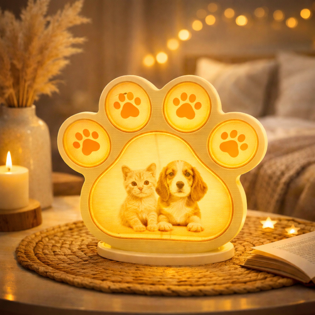 Pet Paw Night Light, 3D Printed Lamp, Add Photo Or Text, Cat Dog Memorial Gift, Cozy Home Decor
