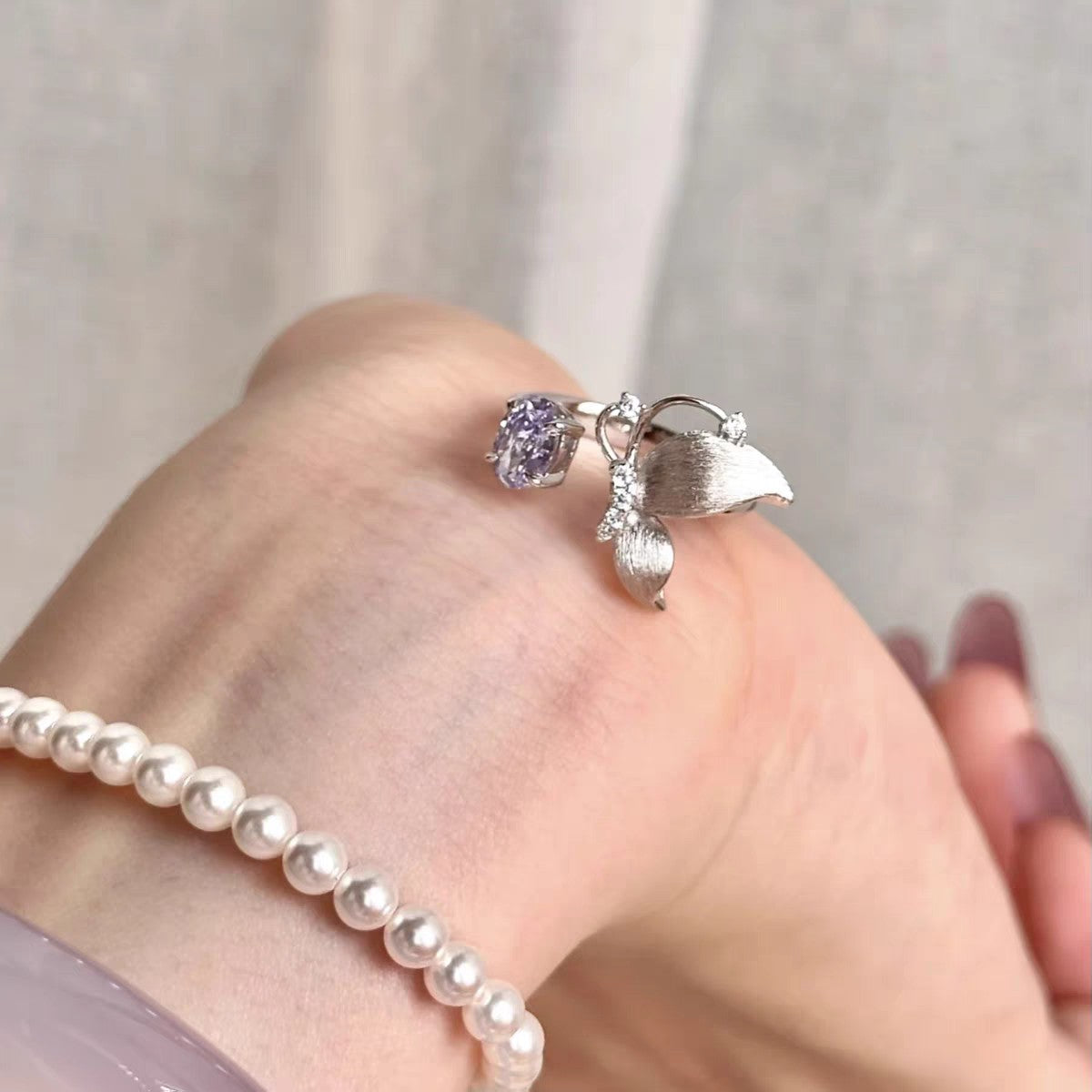1pc 999 Sterling Silver Butterfly Purple Zircon Open Ring, Sweet & Elegant Style, Perfect For Daily, Dating & Gifting, Ideal Valentine's Gift
