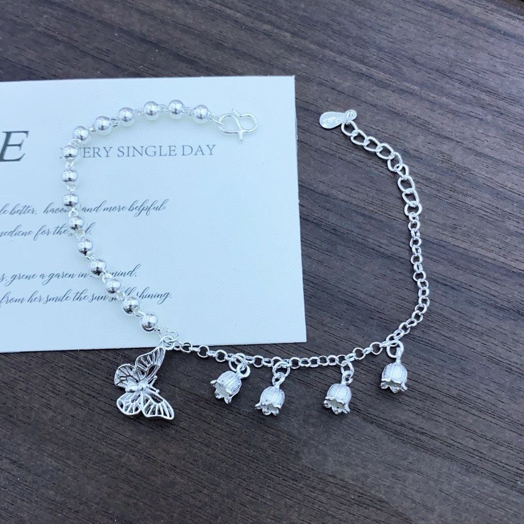 1pcs 999 Sterling Silver Beaded Bellflower & Butterfly Bracelet, Elegant Romantic Style, Ideal For Birthday & Holiday Gifts