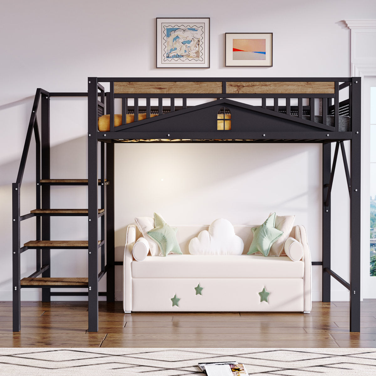 Metal Loft Bed 140 X 200 Cm, Unique Housing Shape With Window Design, With Safety Ladder, Plenty Of Storage Space Under The Bed, Black
