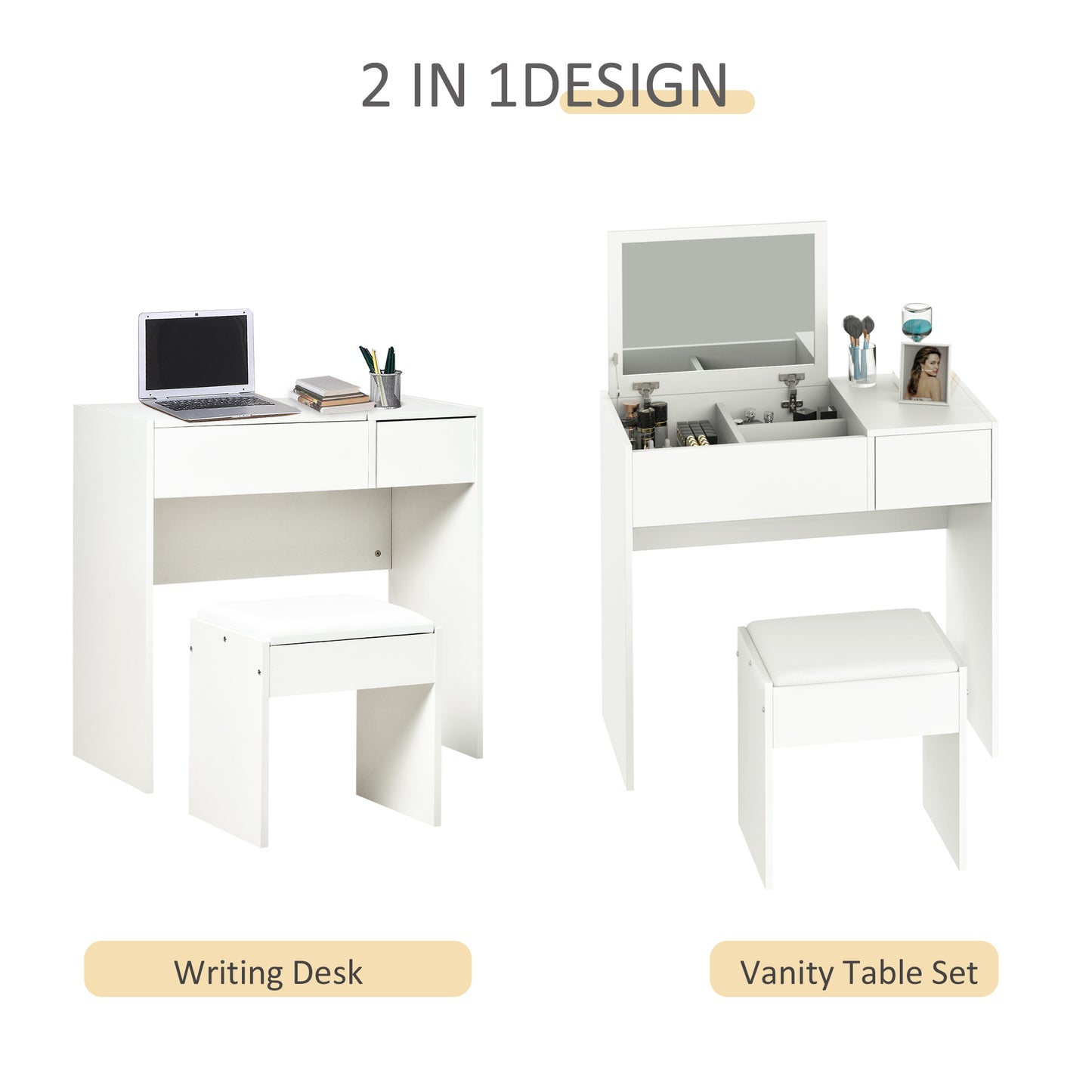 Makeup Desk With Drawer, Vanity Table Set With Flip-up Mirror And Cushioned Stool, White