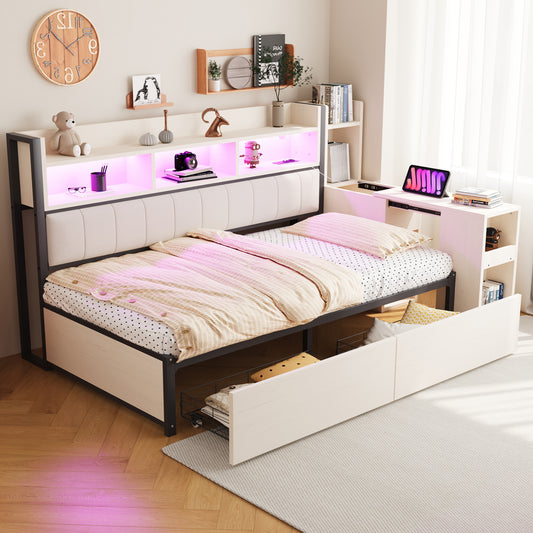 Iron Sofa Bed 90 X 200 Cm, With Versatile Storage Compartments & Lockers, Multifunctional Sockets & LED Lighting, Complete With Large Drawers And A Pull-out Desk, White