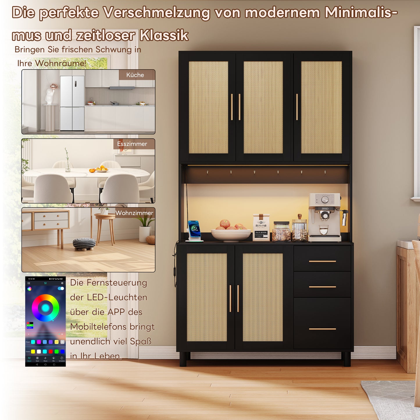 183cm Kitchen Credenza, Buffet, App-Controlled LED Decorative Lights, 2 X USB, 2 X Sockets, Adjustable Shelves, 3 Drawers, Golden Metal Handles, Ideal For Kitchens And Dining Rooms.
