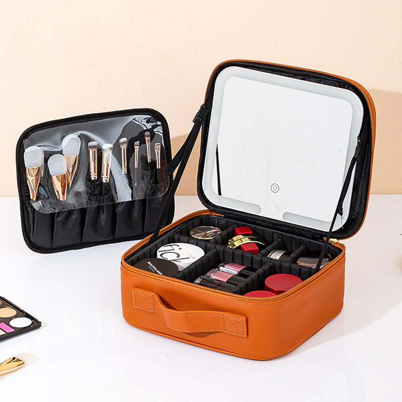 Makeup Bag With Mirror And Light Rechargeable PU Leather Travel Storage Box