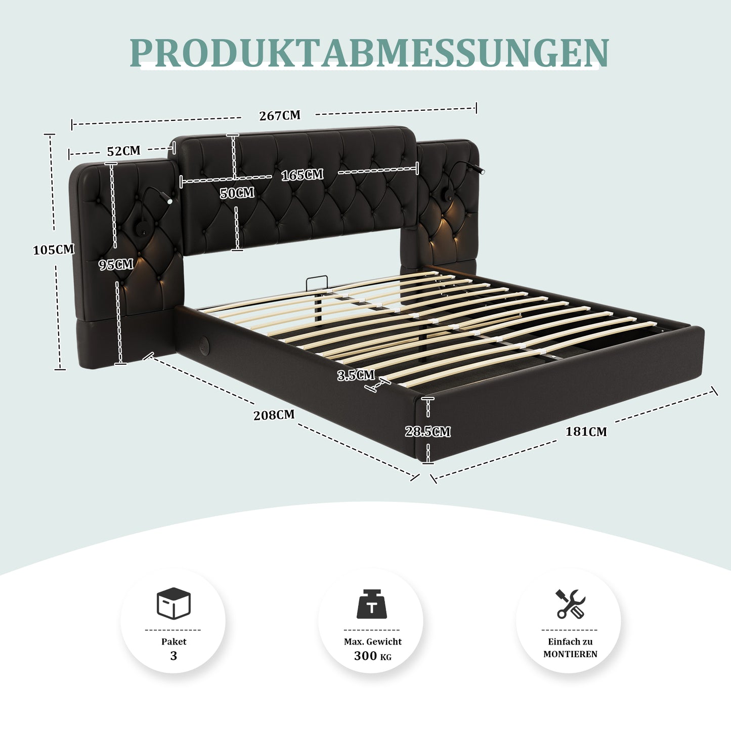 Old SKU W1880S00075 Bed Frame With Long Headboard, Fashionable Velvet Material, Multiple USB Ports, Desk Lamp, Hydraulic System, Extra Large Storage Space At The Bottom, 180 X 200 Cm, Black