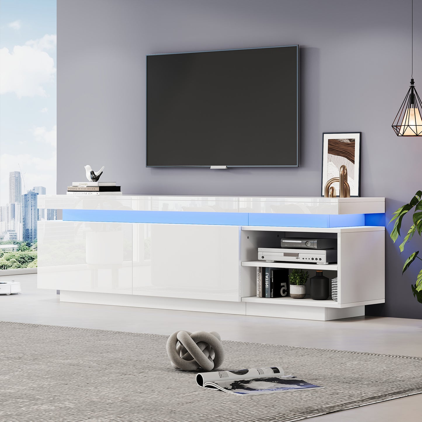 Modern Lowboard High Gloss TV Cabinet With LED Lighting, TV Board, TV Dresser, Suitable For 70 Inch TVs, Table, Universal Gaming Media Stand, Storage Cabinet And Large Storage Space, White