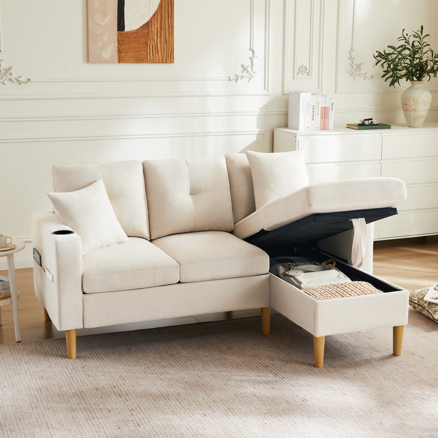 L-shaped Modern Sofa, 3 Seater Sofa With Chaise Longue, Storage Space, Integrated Cup Holder, Comes With 2 Cushions, Suitable For Living Room, Office, Apartment, Etc., Video Available