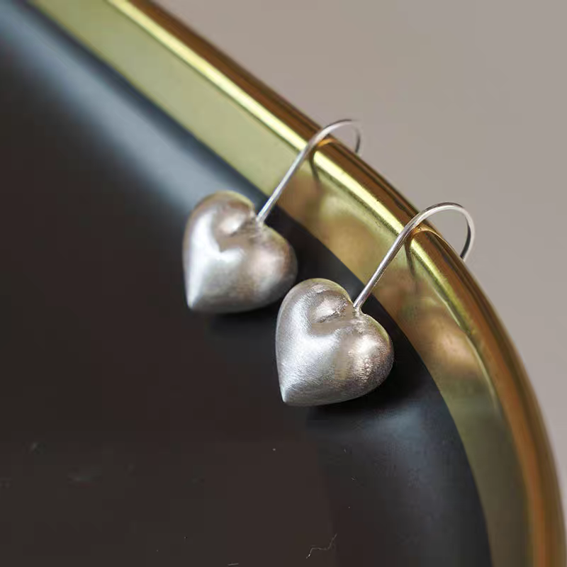 1 Pair 999 Sterling Silver Brushed 3D Heart Hook Earrings, Minimalist & Elegant, Perfect For Daily, Dating & Gifting, Ideal Valentine's Gift