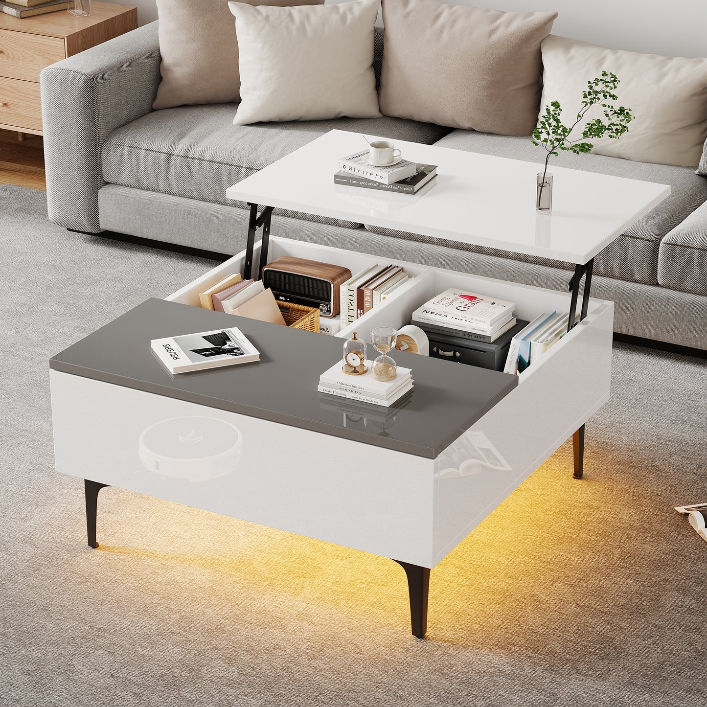 70x70x35cm Coffee Table, Height Adjustable Coffee Table With Hidden Storage And Shelves, White High Gloss Living Room Table, Desk With LED, Sofa Table With Drawers