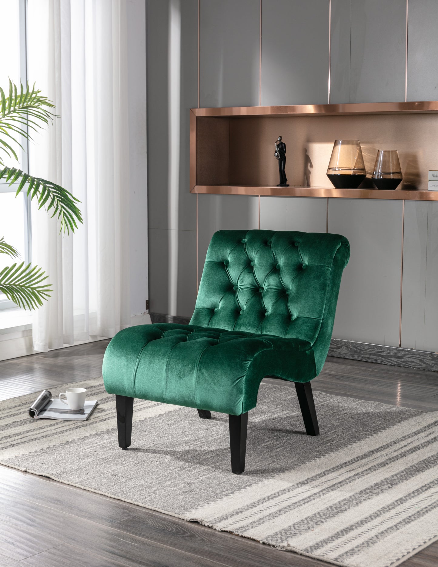 COOLMORE Modern Velvet Armless Accent Living Room Chair   Leisure Chair,Upholstered Fabric Button Comfortable Chair With Wooden Legs For Bedroom, Living Room, Office  Green Velvet