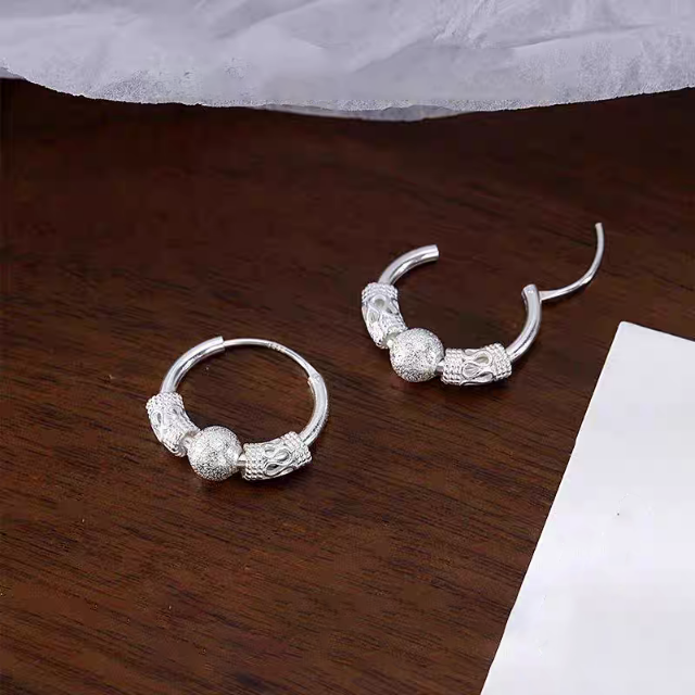 1 Pair 999 Sterling Silver Matte Bead Hoop Earrings, Retro Lucky Style, Perfect For Daily Wear And Valentine's Gift