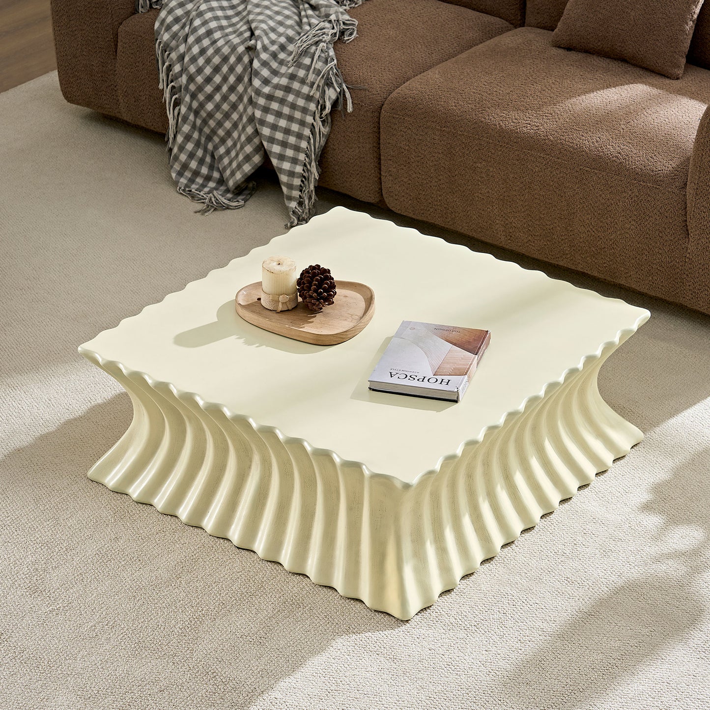 35.43 Inch Square Coffee Table Vintage Sturdy Fiberglass Table For Living Room Apartment Office No Need Assembly Beige