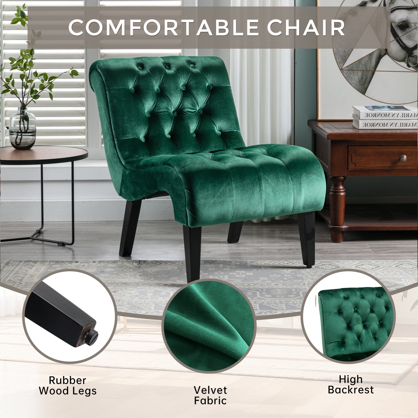 COOLMORE Modern Velvet Armless Accent Living Room Chair   Leisure Chair,Upholstered Fabric Button Comfortable Chair With Wooden Legs For Bedroom, Living Room, Office  Green Velvet