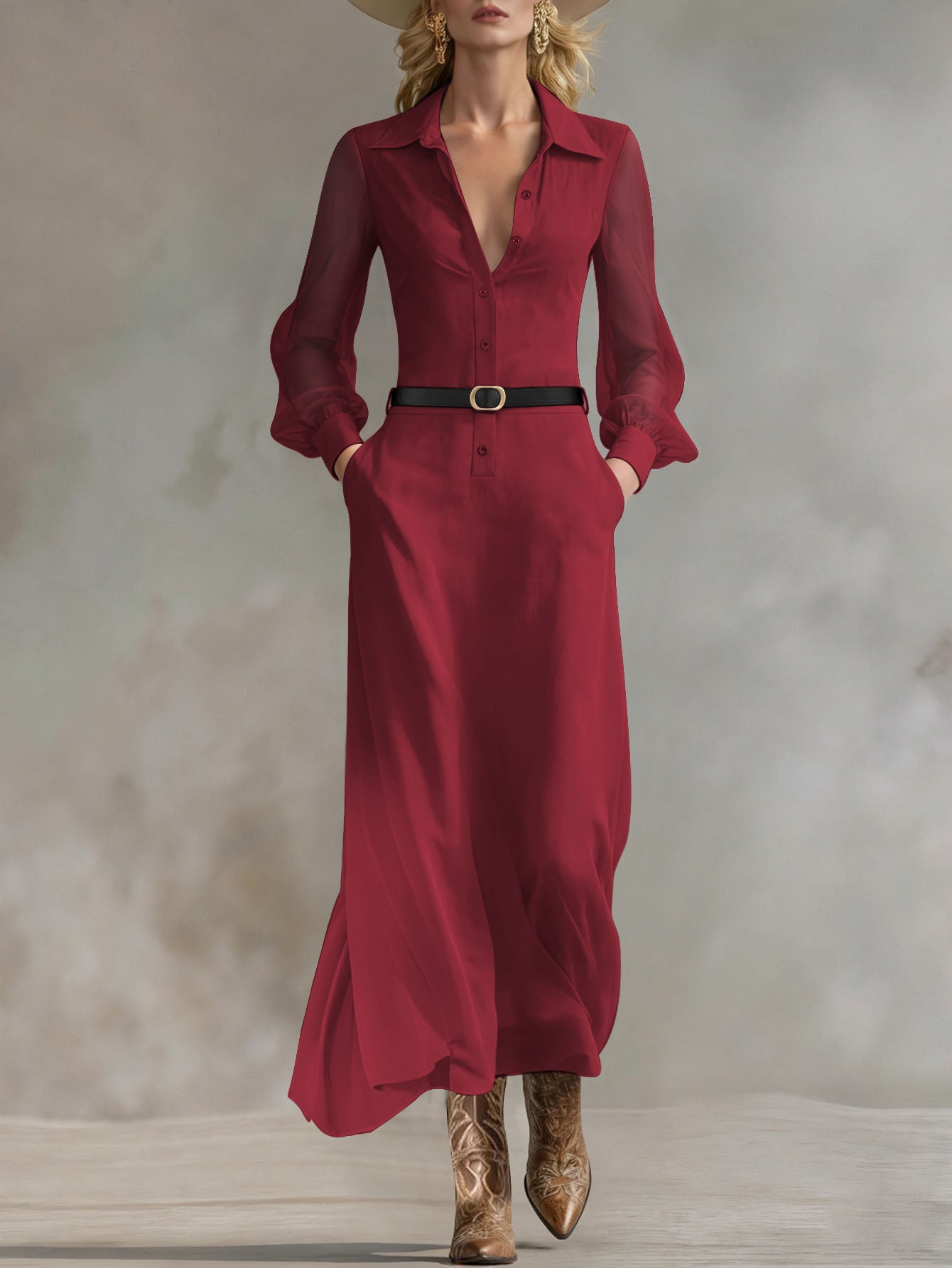 Women's Collared Neck Sheer Puff Sleeve Button Front Belted Maxi Shirt Dress Elegant Office Wear Maxi Dress