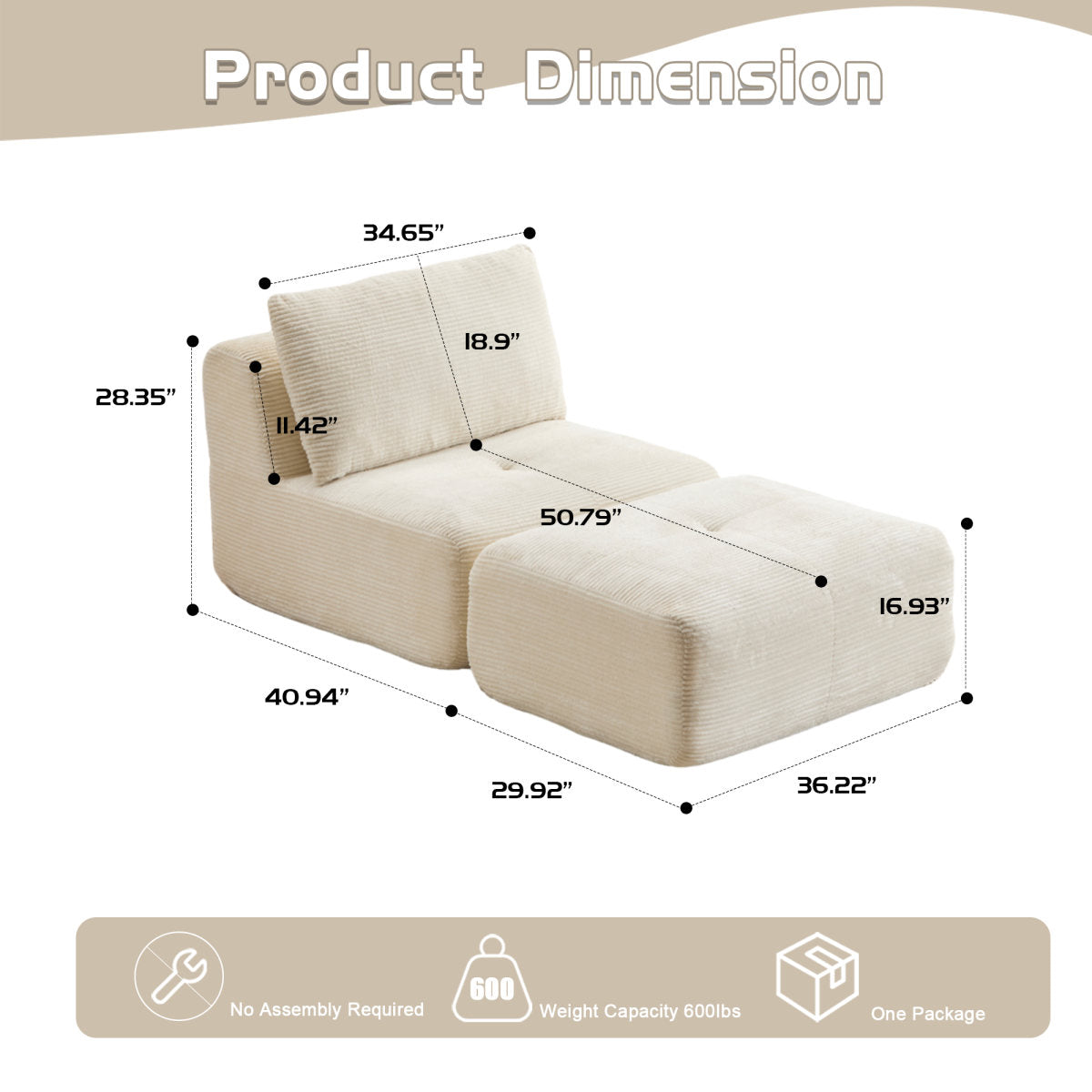Modern Memory Foam Compressed Sofa,Single Chaise Longue For Living Room,Pet-Friendly Cloud Modular Sectional Sofa,Corduroy Fabric,Movable Ottoman,No Assembly Required,Beige