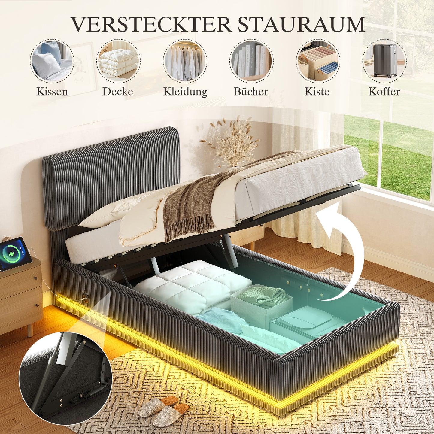 Modern Upholstered Beds With LED Lighting And USB-C Charging Function, Height-adjustable Headboard, Corduroy Fabric, Sturdy Slatted Frame, Large Underblanket Storage Space And Comfortable Upholstered