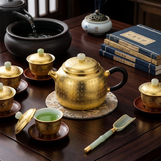 925 Sterling Silver Elegant Engraved Metallic Tea Kettle with Traditional Calligraphy and Smooth Jade Accents - Handicraft