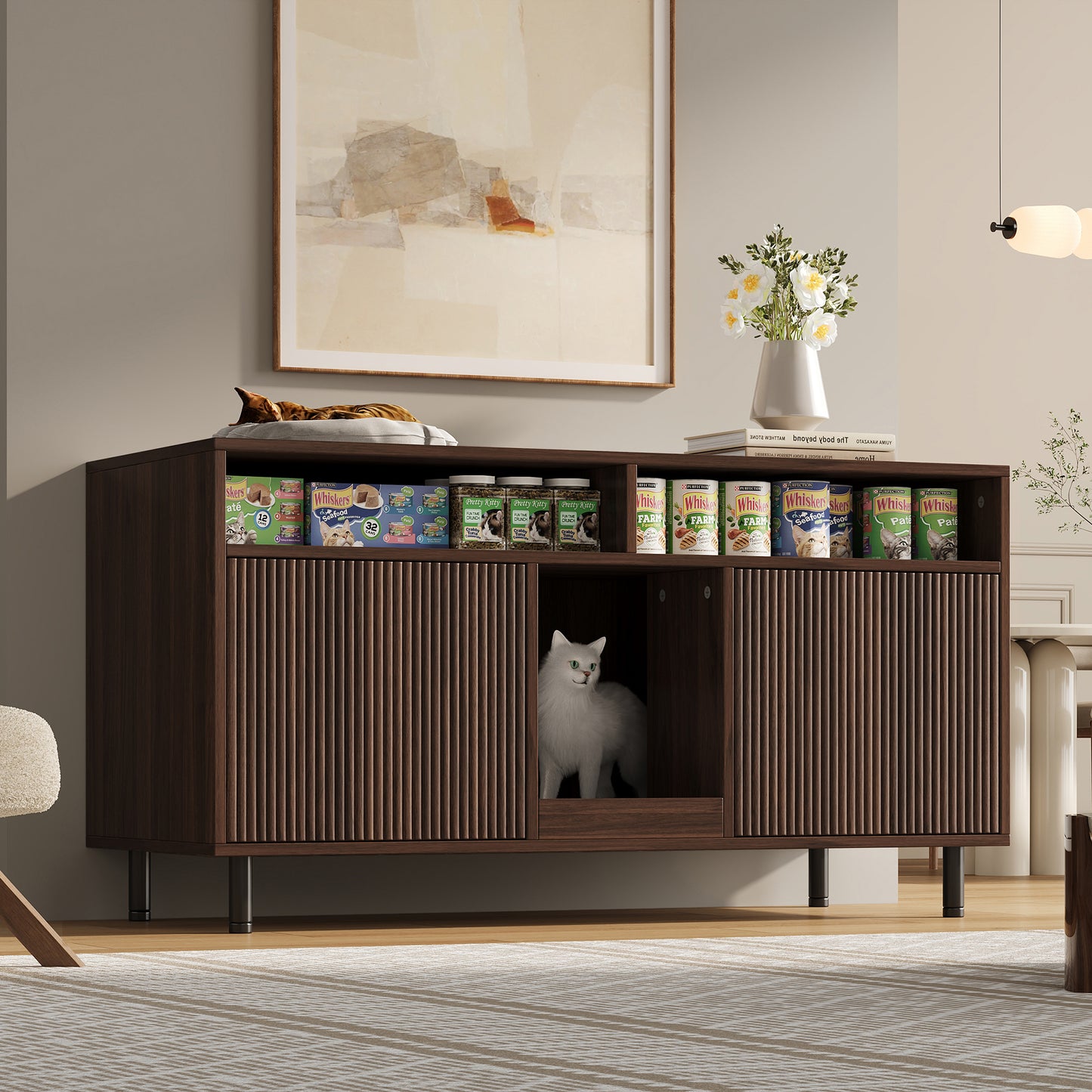 Cat Litter Box Cabinet Cat Litter Tray Cabinet With Sand Collecting Mat, Pet Cabinet With Shelf, Pet Sideboard TV Cabinet, Without Cat Litter Tray, 120x50x66cm, Walnut Colour