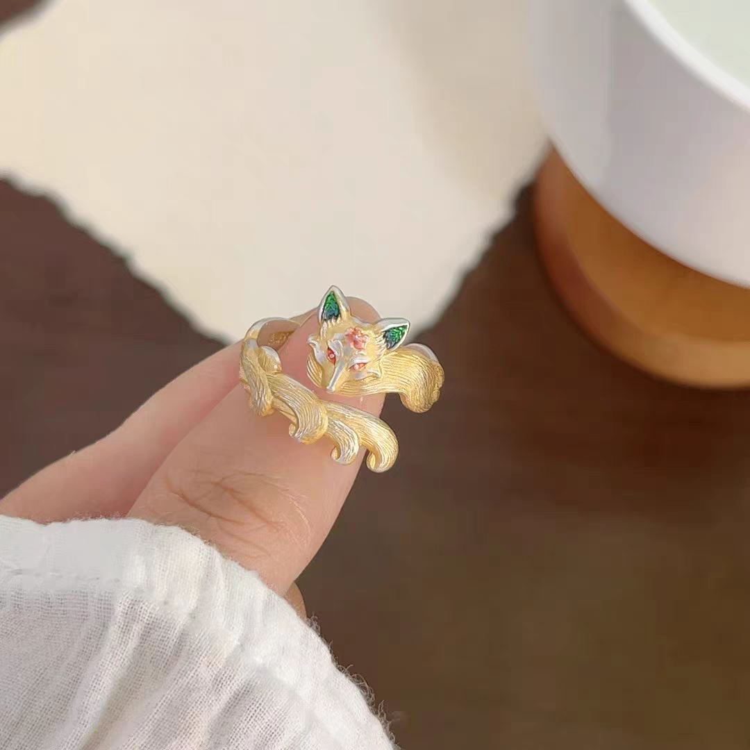1pc 999.9 Sterling Silver Enamel Fox Open Ring, Retro Chinese Style, Perfect For Daily Wear & Valentine's Day Gift