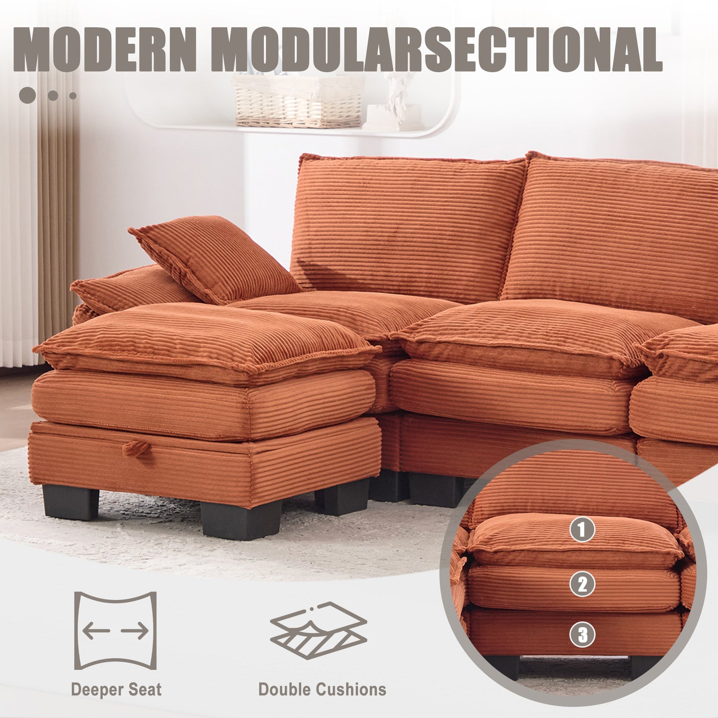 Sectional Cloud Modular Sofa,Deep Seat Sofa, Corduroy Sofa,Comfy Upholstered Furniture For Living Room, Apartment, Studio, Office,Having Multiple Combinations
