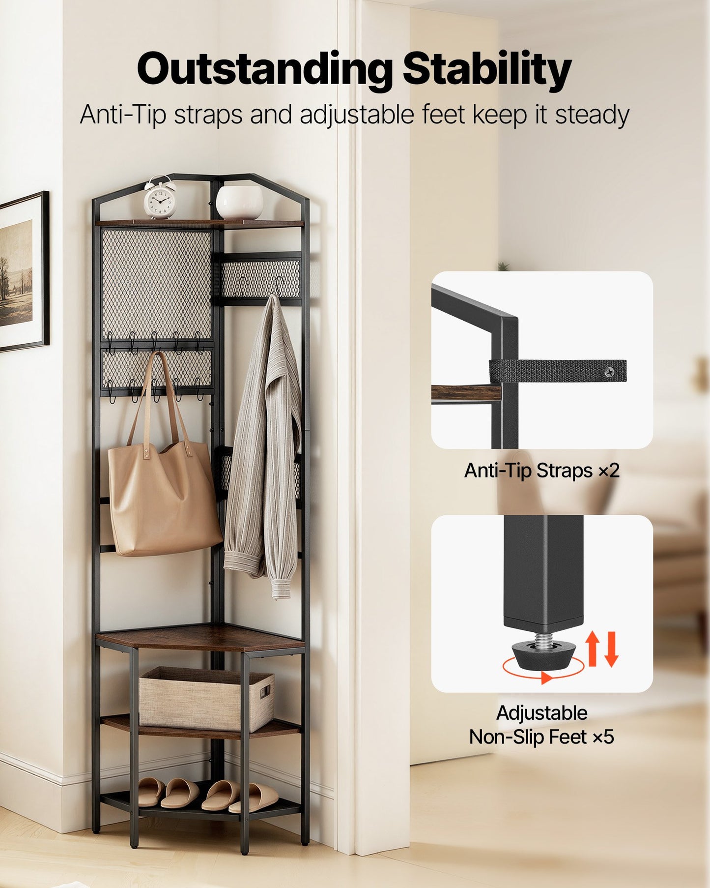 Corner Hall Tree, 71.3 In Coat Rack With Hooks, Top Shelf & Steel Frame, Freestanding Clothes Shoes Rack Storage Organizer With Anti-Tip Set, Adjustable Non-Slip Feet For Entrance Closet Office