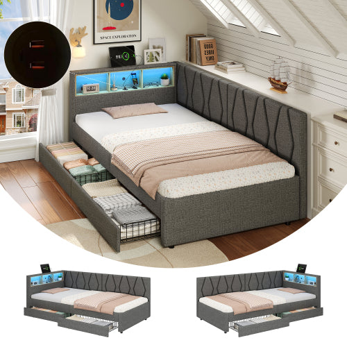 3ft Single Daybed With Two Storage Drawers, LED Modern Bed Frame With Charging Station, Linen Sofa Bed For Living Room Bedroom Study Room, 90X190cm, Easy Assembly, Grey