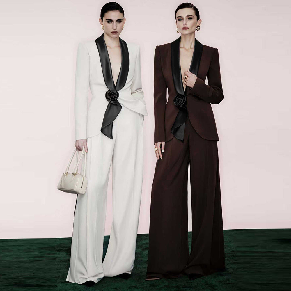 Satin Lapel 3D Floral Decor Blazer & Wide Leg Floor Pants 2-Piece Suit Set
