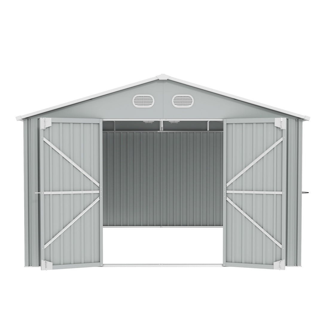10x12 FT Outdoor Metal Storage Shed, Large Storage Sheds With Sturdy Frame Structure, Metal Garden Tool Shed With Lockable Door For Garden,Gift A Foldable Flower Pot Stand, Backyard, WHIT