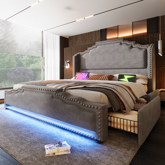 Upholstered Bed 140x200, Double Bed With 4 Drawers, LED Lighting And USB-C Charging Port, Storage Bed And Youth Bed With Slatted Base, Velvet, Grey, Without Mattress