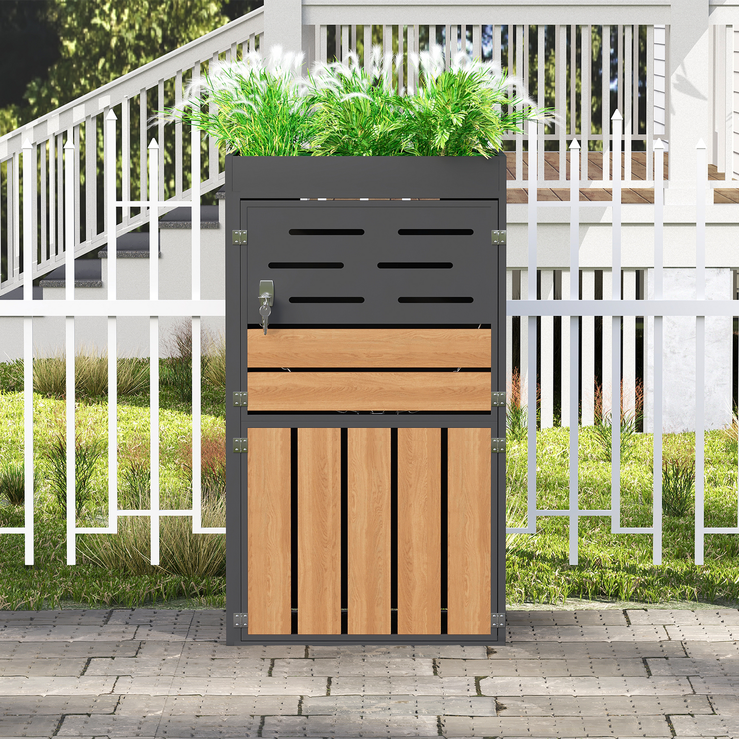 Multifunctional Outdoor Cabinet With Integrated Planter, Louvered Ventilation And Galvanised Steel Frame  Lockable Doors With Safety Chain For Storage & Garden Decoration, Without Waste Bin